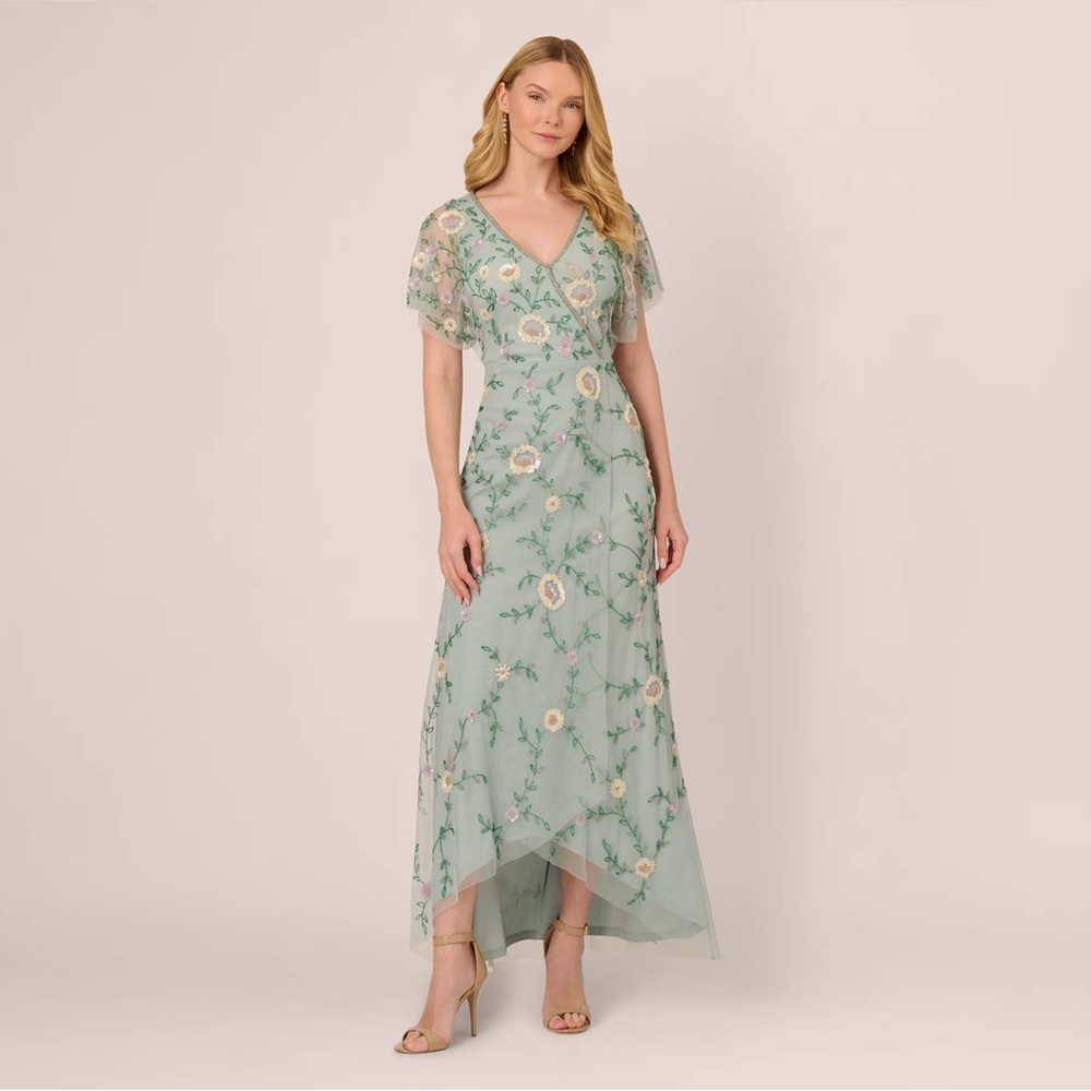 Adrianna Papell Sage Green Beaded Floral Mesh Gown SZ 6 NWT Maxi Formal GALA MOB